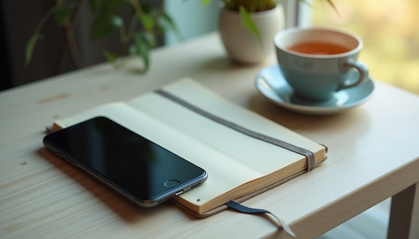 Un cuaderno cerrado y un smartphone con la pantalla apagada uno junto al otro sobre una mesa de madera clara, un marcapáginas de tela asomando del cuaderno, una taza de té y una planta verde, luz suave que entra por una ventana