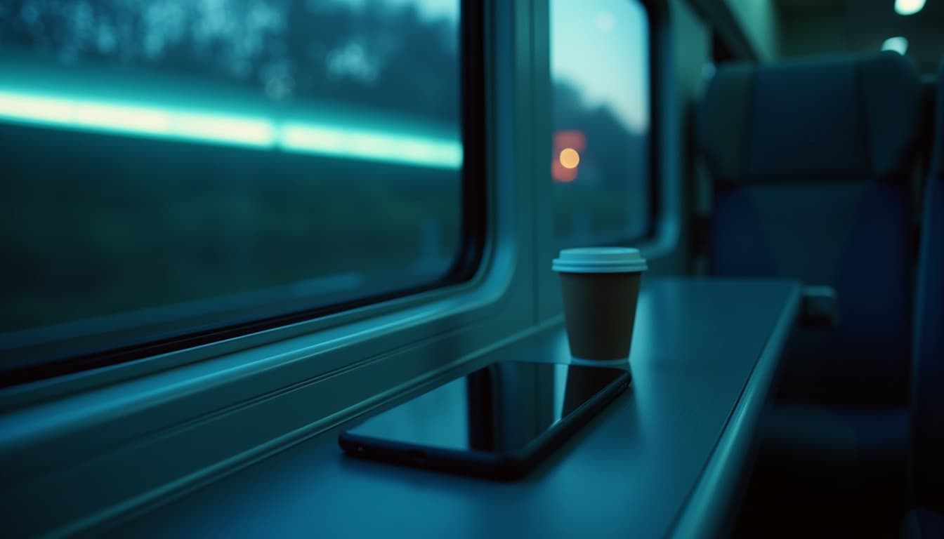 Uma mesa rebatível de comboio ao anoitecer, um smartphone com o ecrã apagado e um copo de cartão pousados junto à janela, uma paisagem desfocada a passar numa luz azul-esverdeada, um ponto de luz laranja ao longe, bancos azuis desfocados ao fundo