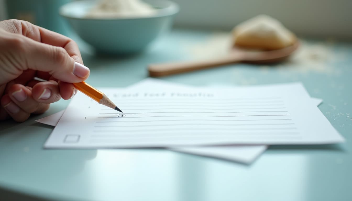 Uma ficha de receita manuscrita sobre uma bancada de cozinha, um lápis a riscar uma linha, uma caixa assinalada na margem da página, luz de cozinha ao fim da manhã
