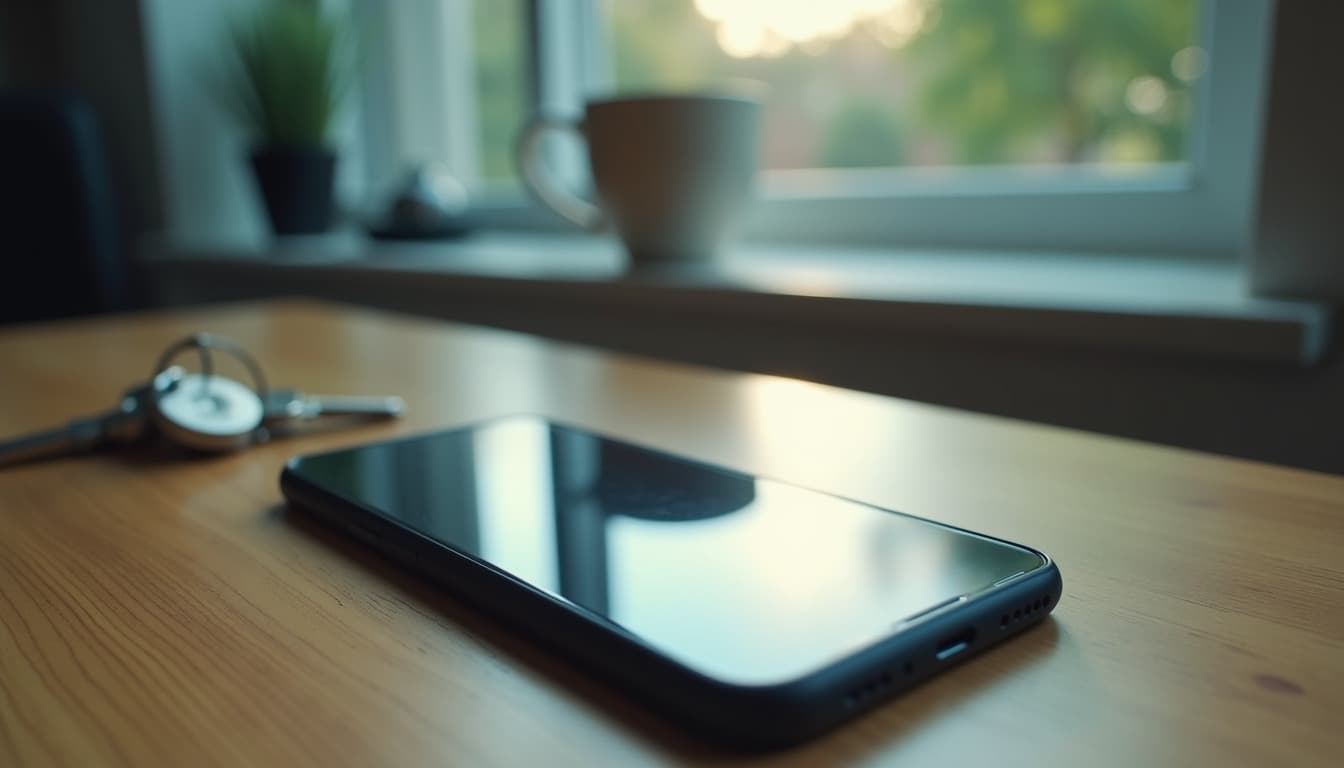 Un téléphone posé sur une table en bois près d'une tasse, devant une fenêtre en fin de journée