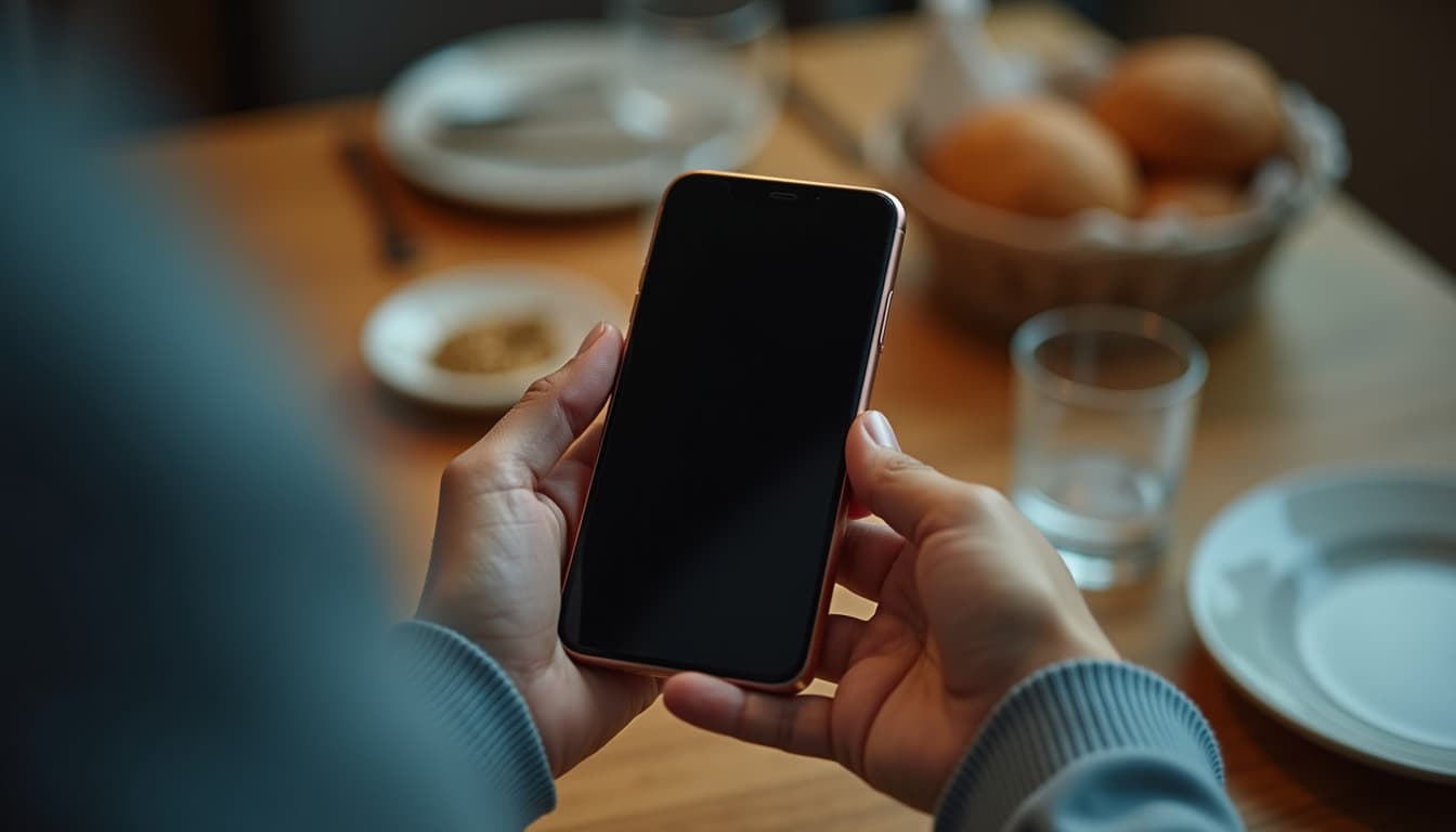 Zwei Hände in blaugrauen Ärmeln halten ein Smartphone mit dunklem Bildschirm über einen hölzernen Esstisch, im Hintergrund unscharf Teller, ein Korb mit Brötchen und ein Glas Wasser, warmes Abendlicht