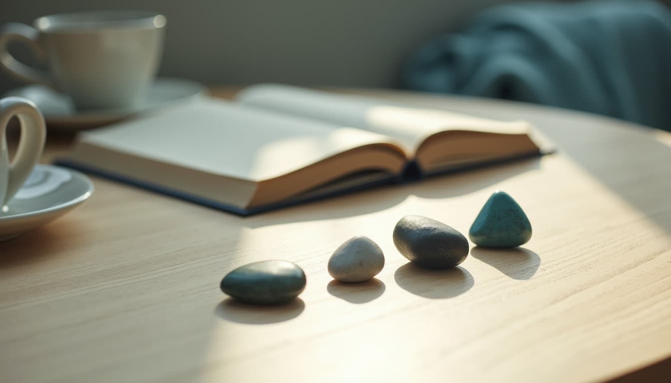 Four pebbles of different shapes and colours lined up on a pale wooden table, in front of an open notebook and two white cups, warm light coming from a window