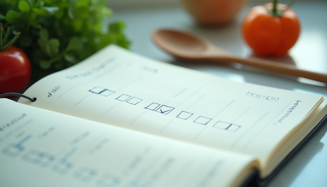 Un carnet ouvert sur un plan de travail de cuisine, une rangée de cases dessinées à la main dont une est cochée, près de tomates et d'une cuillère en bois
