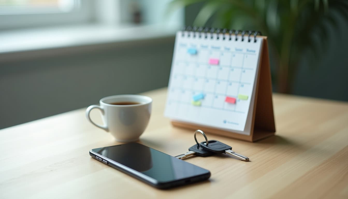 Un teléfono con la pantalla apagada sobre una mesa de madera clara, junto a un manojo de llaves y una taza de café, un pequeño calendario de sobremesa con espiral desenfocado al fondo, con marcas de colores en su cuadrícula, una planta y una ventana detrás, luz suave de la mañana