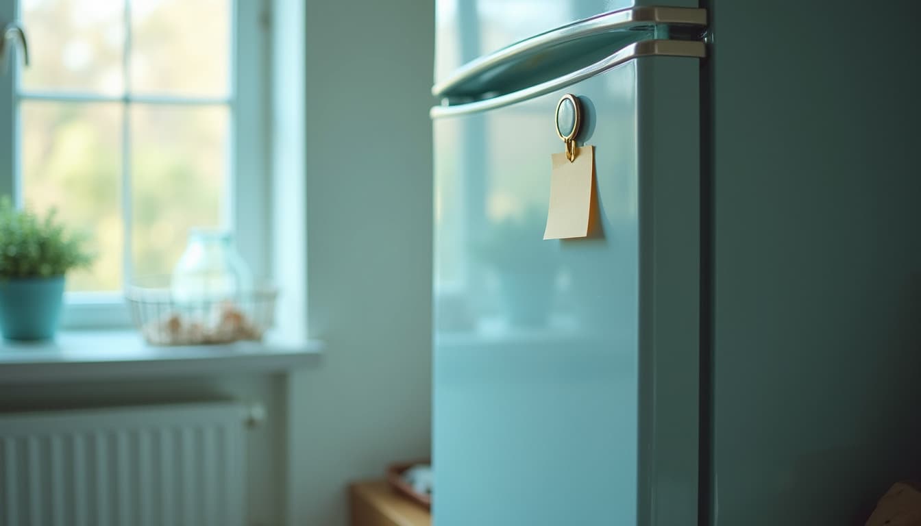 Uma porta de frigorífico azul-esverdeada quase vazia com um único pequeno post-it em branco preso por um íman redondo, janela de cozinha, planta em vaso e cesto de arame desfocados ao fundo, luz natural suave de manhã