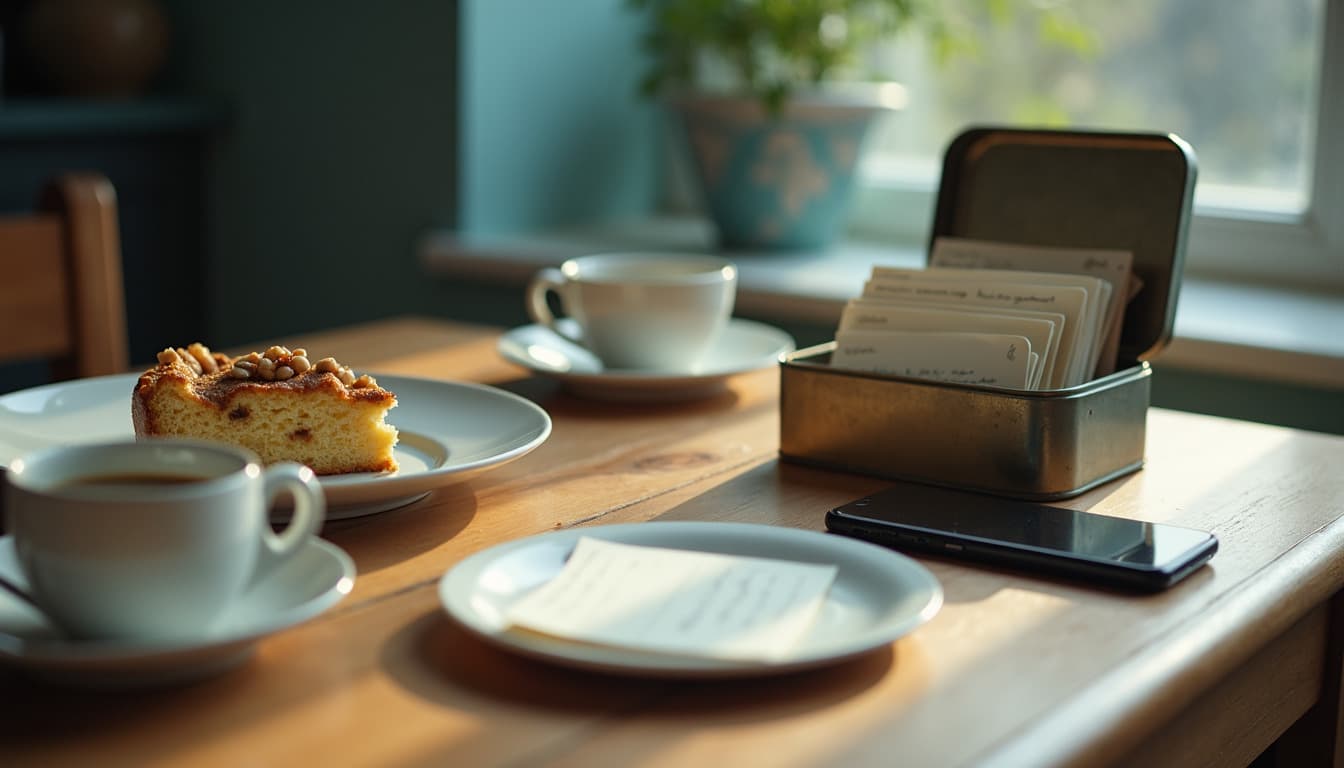 Una mesa de cocina de madera después de comer, una caja de lata abierta llena de fichas de recetas, una ficha escrita a mano y desenfocada sobre un plato, dos tazas de café, un trozo de bizcocho de nueces y un smartphone apagado, luz suave de tarde por la ventana