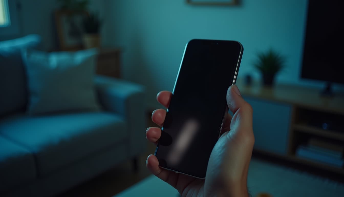 Une main tient un smartphone à la verticale, pouce appuyé sur l'écran, dans un salon du soir aux tons bleus