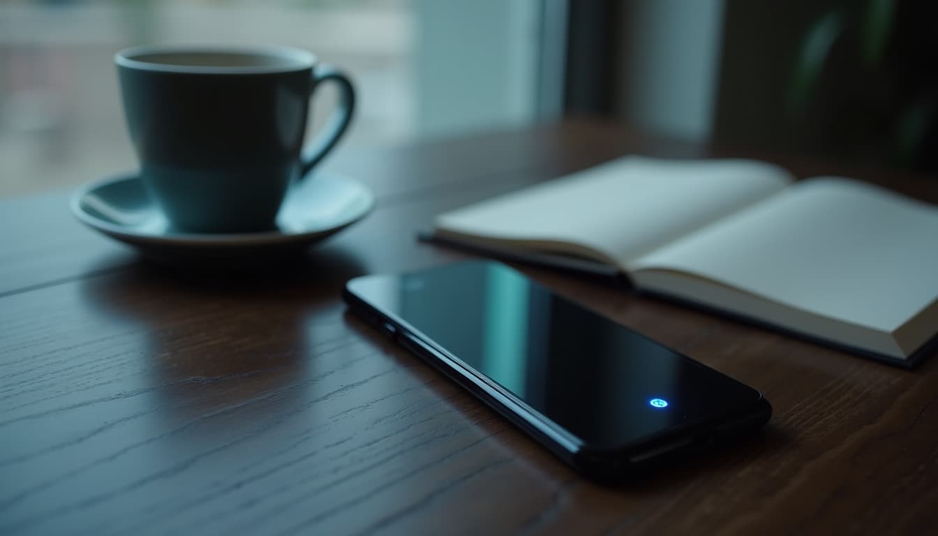 Un smartphone apoyado sobre un escritorio de madera oscura, la pantalla apagada salvo un pequeño punto de luz azul, una taza de cerámica y un cuaderno abierto al lado, luz suave de final de mañana