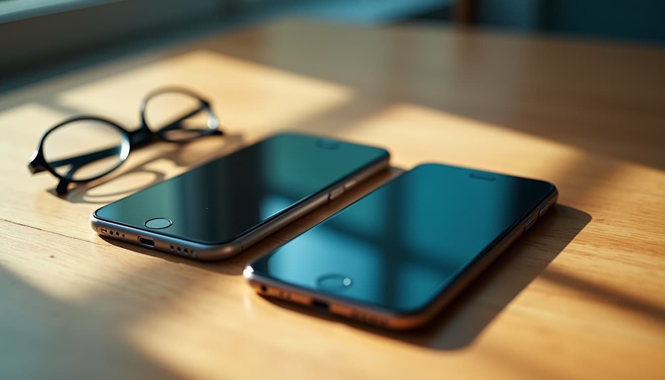 Due telefoni con gli schermi spenti appoggiati uno accanto all'altro su un tavolo di legno accanto a un paio di occhiali, nella luce del mattino