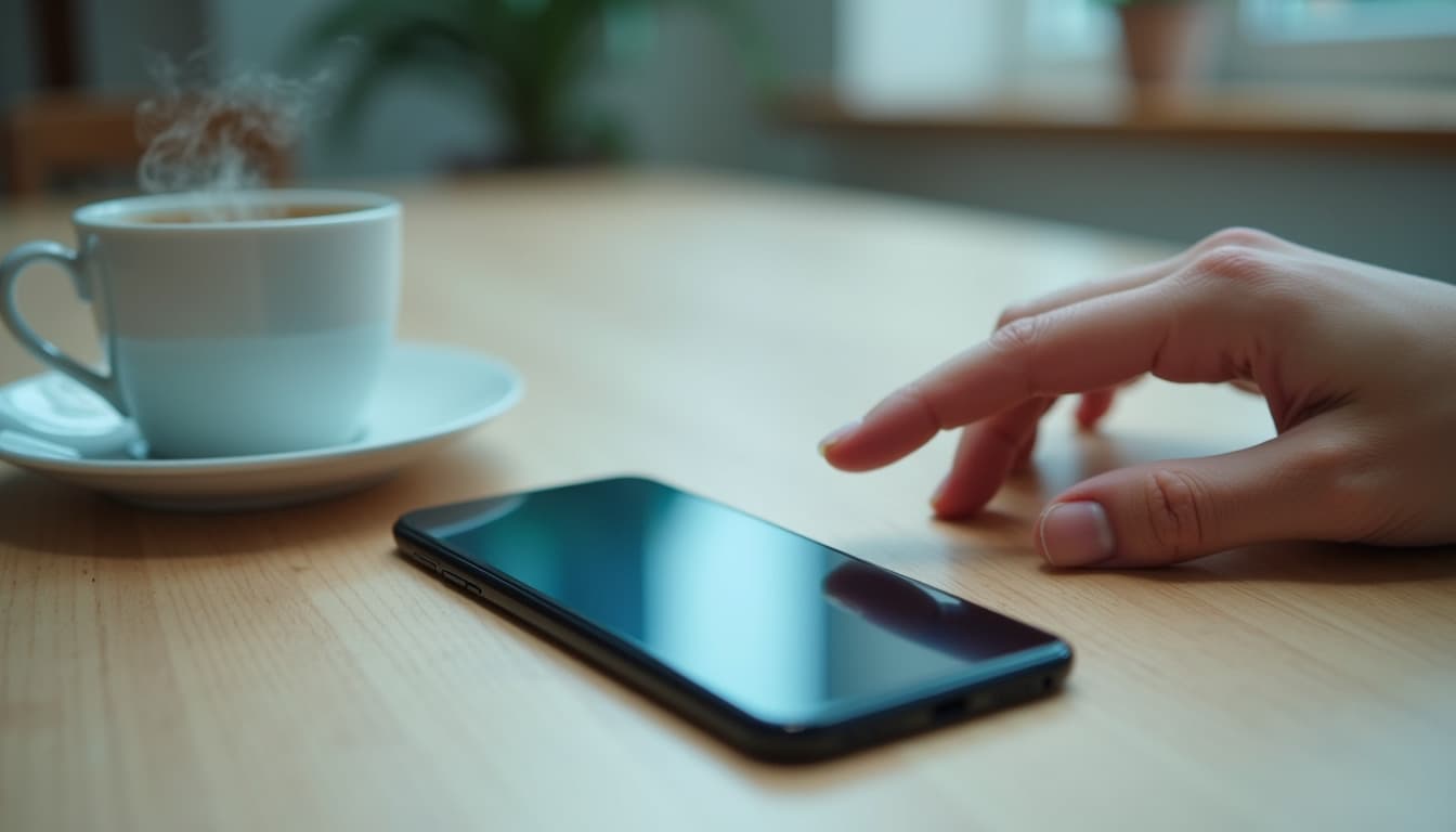 Une main dont l'index s'avance vers un téléphone à l'écran éteint posé à plat sur une table en bois clair, une tasse de café fumante sur sa soucoupe à gauche, plante et fenêtre floues en arrière-plan, lumière douce du matin