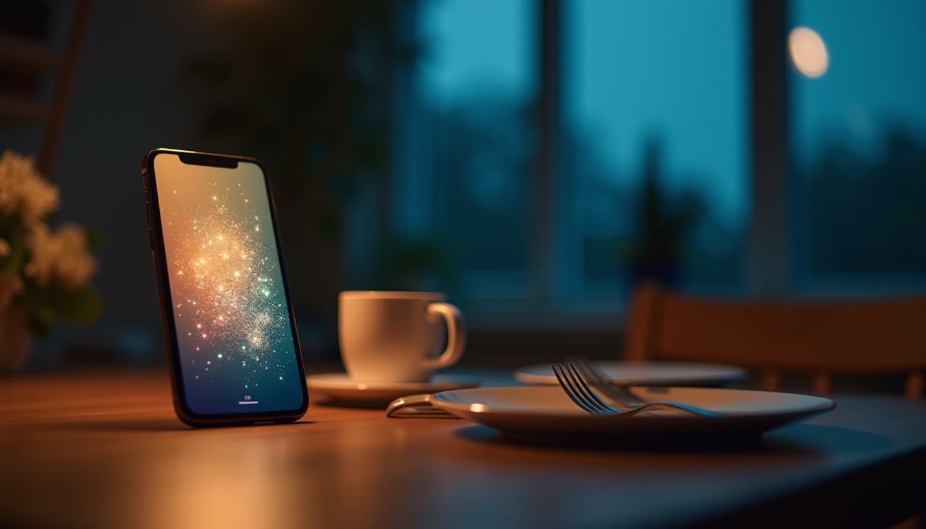 Un smartphone de pie sobre una mesa de cocina de madera, al anochecer, con la pantalla iluminada por una nube brillante de pequeños puntos luminosos dorados, naranjas y verdes, una taza blanca detrás, un plato con un tenedor en primer plano, una planta desenfocada a la izquierda y una ventana azul de crepúsculo al fondo
