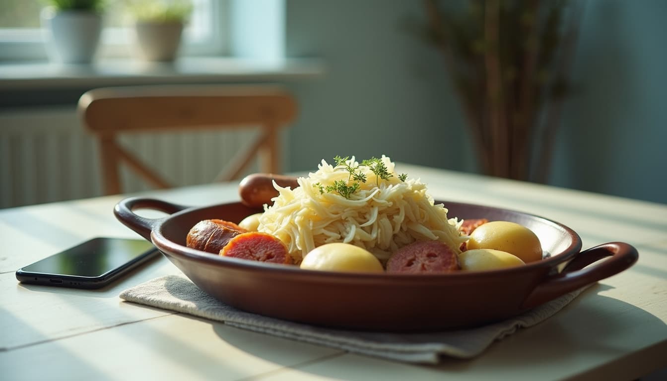 A large dish of choucroute garnie on a pale wooden table, a phone with a blurred screen lying next to it, warm late-afternoon light in a kitchen