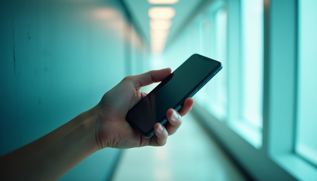 Una mano sostiene un teléfono a la altura del pecho en un pasillo luminoso, con el pulgar suspendido en el borde de la pantalla