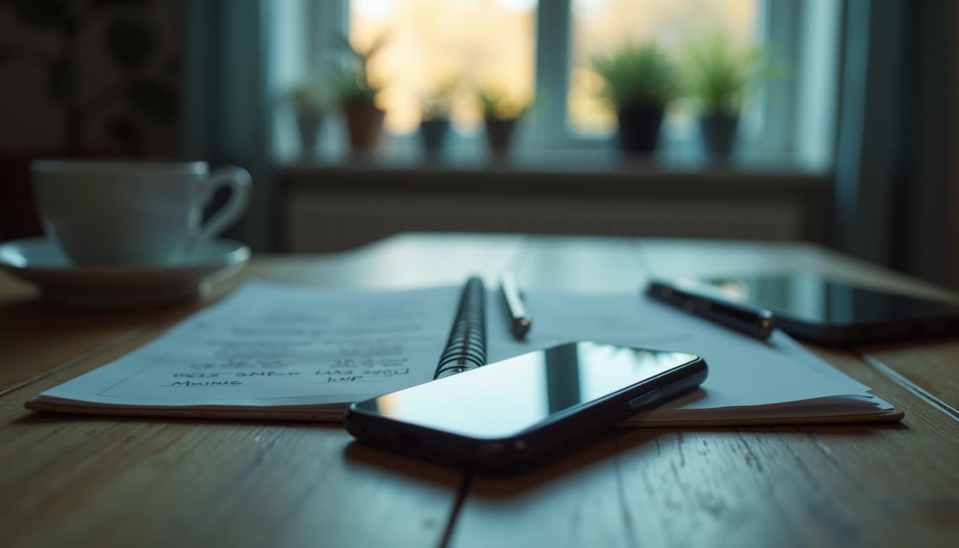 Una mesa de cocina al final del día con un cuaderno abierto, un teléfono al lado y la luz cayendo por la ventana