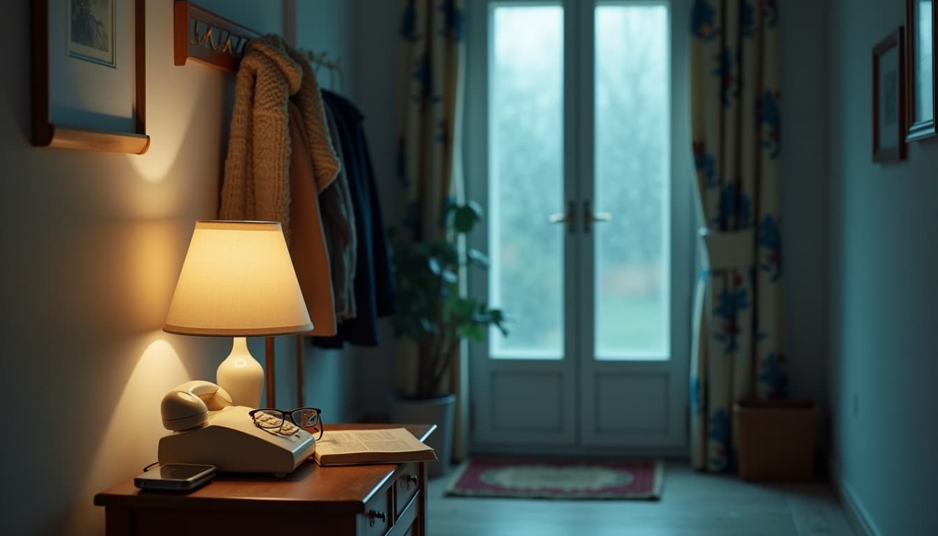L'ingresso di un appartamento all'imbrunire, un piccolo cassettone di legno contro il muro con una lampada accesa, un telefono fisso color crema, degli occhiali appoggiati su un quaderno aperto e uno smartphone spento, un attaccapanni con una sciarpa di lana e due cappotti, una porta a vetri smerigliati sul fondo, una pianta verde e uno zerbino