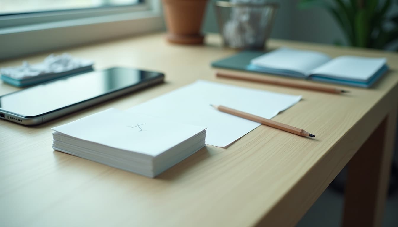 Un bureau en bois clair près d'une fenêtre, une pile de fiches blanches bien alignées avec un petit gribouillis illisible sur la première, une feuille et un crayon posés à côté, un smartphone à l'écran éteint, une corbeille grillagée avec quelques papiers froissés et un carnet ouvert flou en arrière-plan